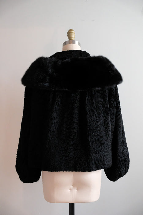 Vintage 1950's Black Persian Lamb & Mink Collar Fur Evening Jacket / S