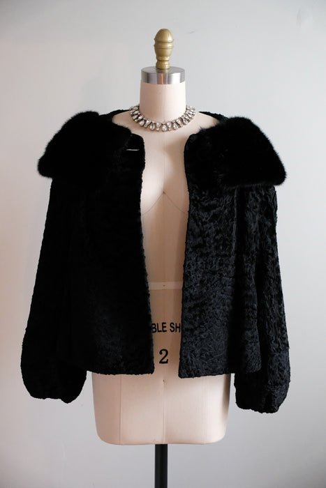 Vintage 1950's Black Persian Lamb & Mink Collar Fur Evening Jacket / S