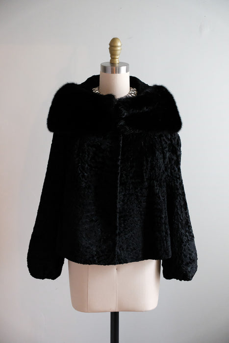 Vintage 1950's Black Persian Lamb & Mink Collar Fur Evening Jacket / S
