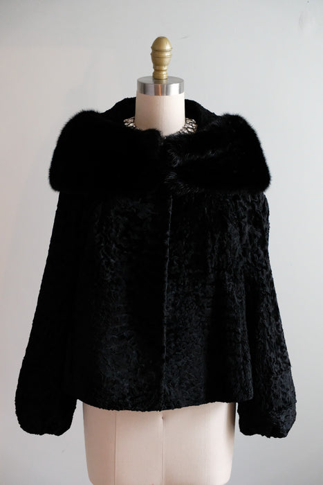 Vintage 1950's Black Persian Lamb & Mink Collar Fur Evening Jacket / S
