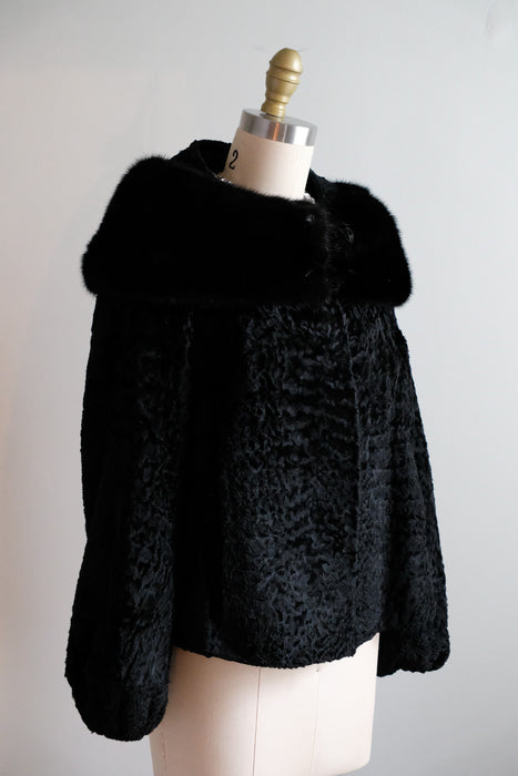 Vintage 1950's Black Persian Lamb & Mink Collar Fur Evening Jacket / S