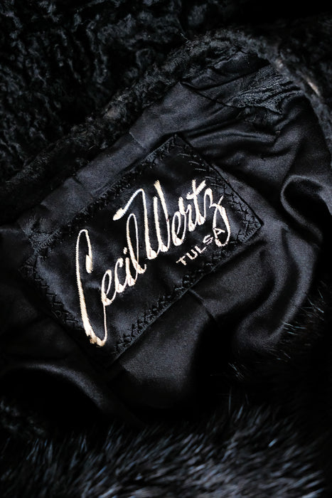 Vintage 1950's Black Persian Lamb & Mink Collar Fur Evening Jacket / S