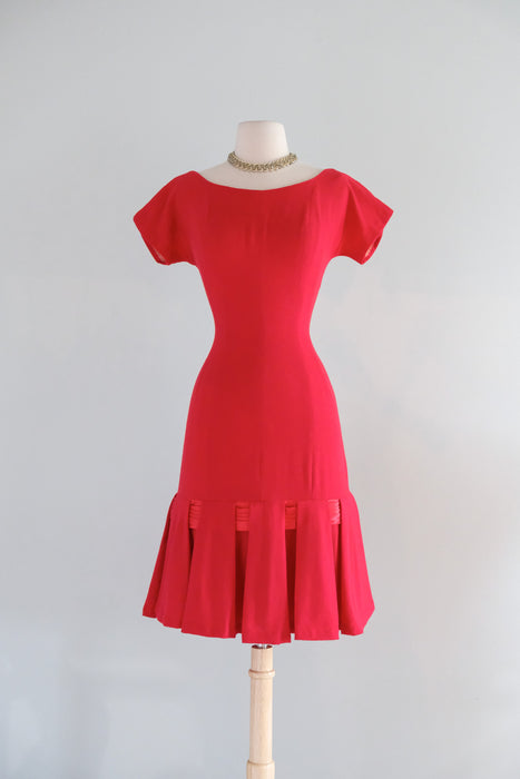 Vintage 1950's Christmas Party in the Back Red Wool Holiday Dress / S