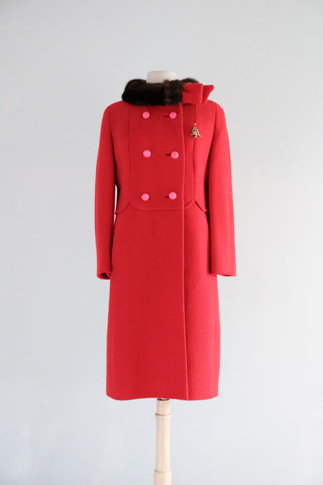 Vintage 1960's Crimson Red Wool Double Breasted Coat with Mink Collar by Neusteters / M