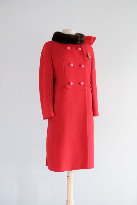 Vintage 1960's Crimson Red Wool Double Breasted Coat with Mink Collar by Neusteters / M