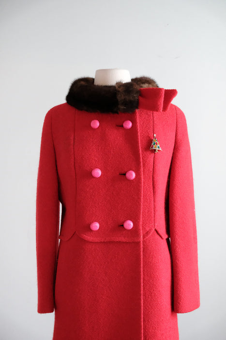 Vintage 1960's Crimson Red Wool Double Breasted Coat with Mink Collar by Neusteters / M