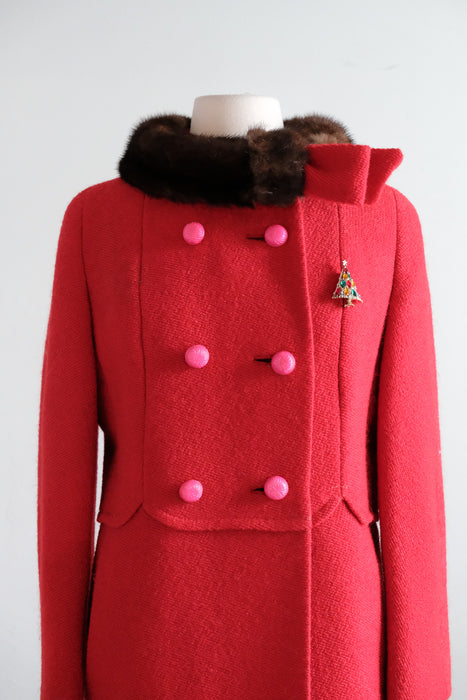 Vintage 1960's Crimson Red Wool Double Breasted Coat with Mink Collar by Neusteters / M