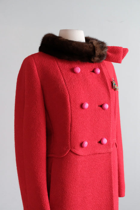 Vintage 1960's Crimson Red Wool Double Breasted Coat with Mink Collar by Neusteters / M