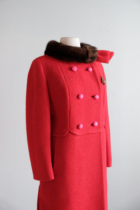 Vintage 1960's Crimson Red Wool Double Breasted Coat with Mink Collar by Neusteters / M
