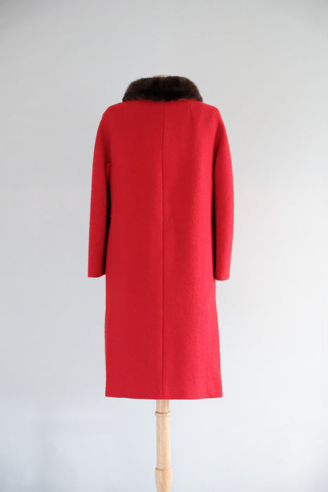 Vintage 1960's Crimson Red Wool Double Breasted Coat with Mink Collar by Neusteters / M