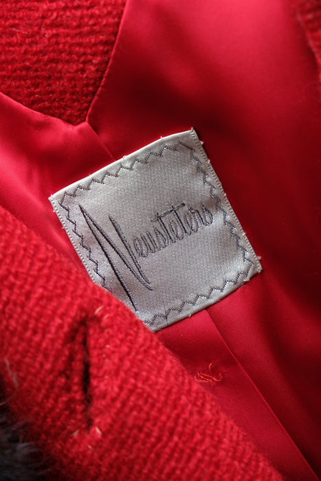 Vintage 1960's Crimson Red Wool Double Breasted Coat with Mink Collar by Neusteters / M