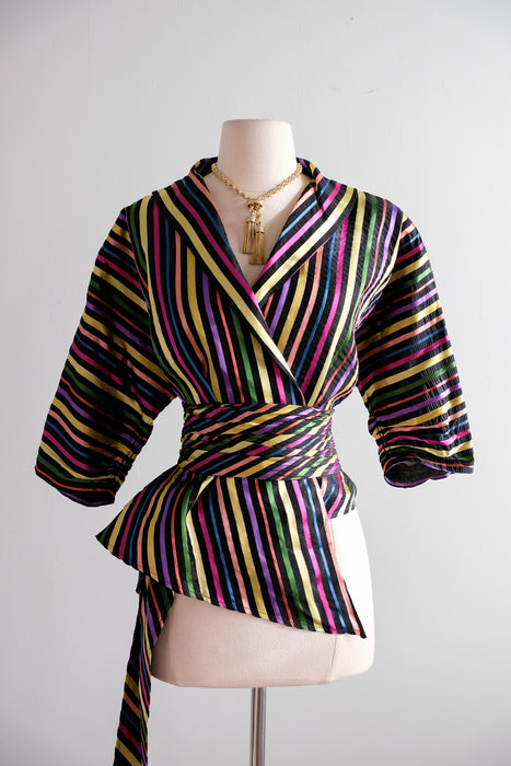 Vintage 1940's Rainbow Striped Taffeta Wrap Blouse / M