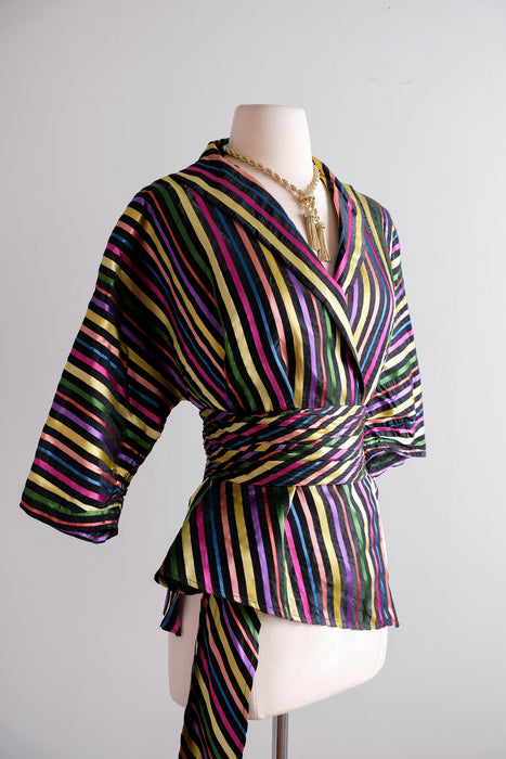 Vintage 1940's Rainbow Striped Taffeta Wrap Blouse / M