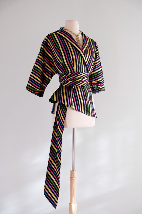 Vintage 1940's Rainbow Striped Taffeta Wrap Blouse / M