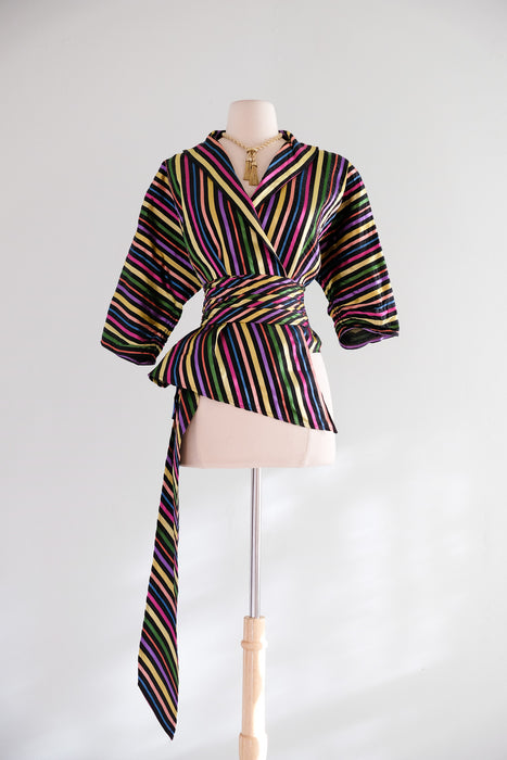 Vintage 1940's Rainbow Striped Taffeta Wrap Blouse / M