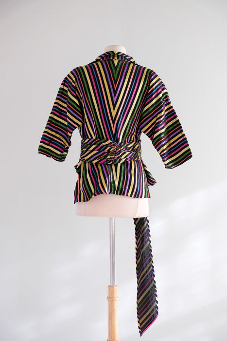 Vintage 1940's Rainbow Striped Taffeta Wrap Blouse / M