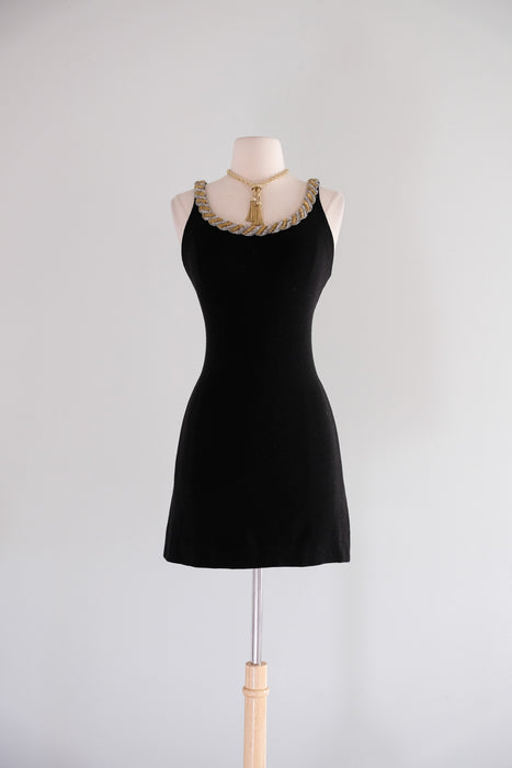 Vintage 1990's Black Wool Mini Dress with Twist Beaded Collar / M