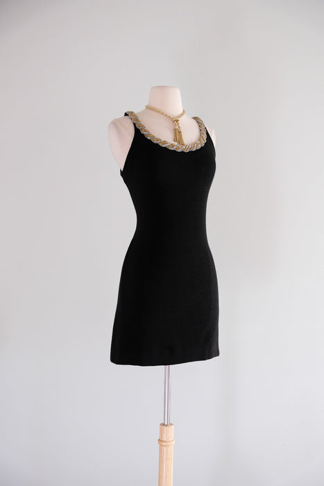 Vintage 1990's Black Wool Mini Dress with Twist Beaded Collar / M