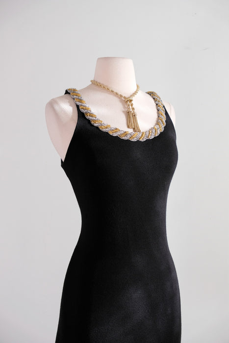 Vintage 1990's Black Wool Mini Dress with Twist Beaded Collar / M