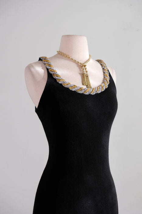 Vintage 1990's Black Wool Mini Dress with Twist Beaded Collar / M