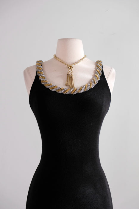 Vintage 1990's Black Wool Mini Dress with Twist Beaded Collar / M