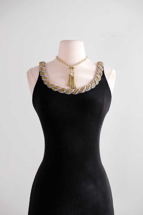 Vintage 1990's Black Wool Mini Dress with Twist Beaded Collar / M