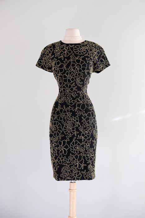 Vintage 1980's Black & Gold Beaded Cocktail Dress with Keyhole Back by Carmen Marc Valvo / Size 10