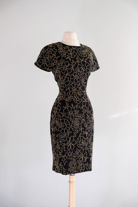 Vintage 1980's Black & Gold Beaded Cocktail Dress with Keyhole Back by Carmen Marc Valvo / Size 10