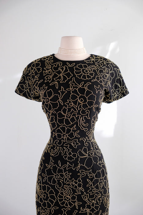 Vintage 1980's Black & Gold Beaded Cocktail Dress with Keyhole Back by Carmen Marc Valvo / Size 10