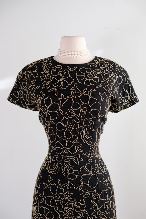 Vintage 1980's Black & Gold Beaded Cocktail Dress with Keyhole Back by Carmen Marc Valvo / Size 10