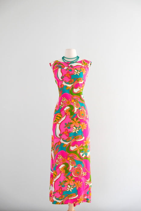 hot pink hawaiian dress Pink Floral Long Ruffled Muumuu Dress Pink / M