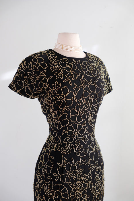 Vintage 1980's Black & Gold Beaded Cocktail Dress with Keyhole Back by Carmen Marc Valvo / Size 10