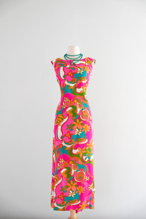 HOT 1960's Pink Psychedelic Hawaiian Gown by Malihini / M Xtabay Vintage HOT 1960's Pink Psychedelic Hawaiian Gown by Malihini / M Xtabay Vintage