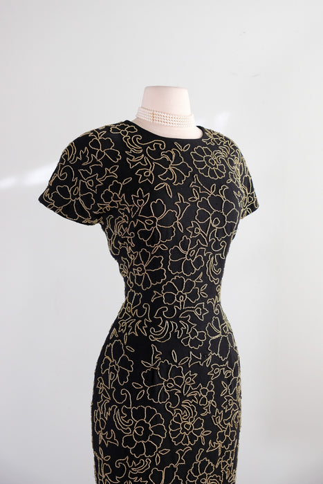 Vintage 1980's Black & Gold Beaded Cocktail Dress with Keyhole Back by Carmen Marc Valvo / Size 10
