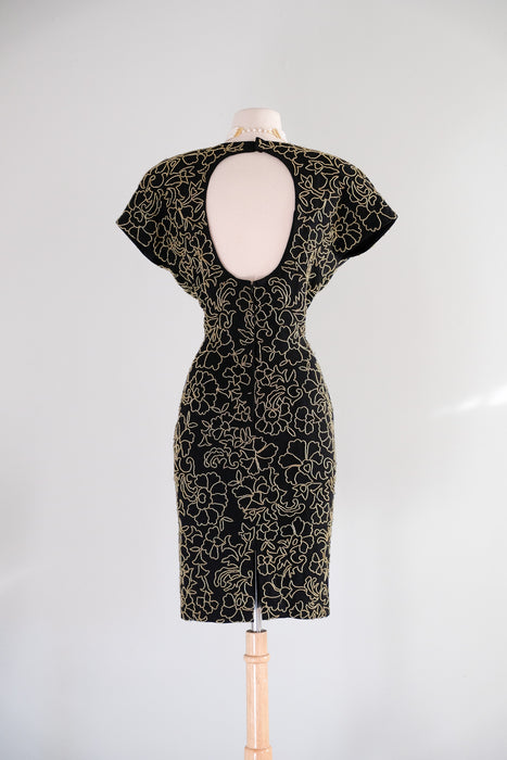 Vintage 1980's Black & Gold Beaded Cocktail Dress with Keyhole Back by Carmen Marc Valvo / Size 10