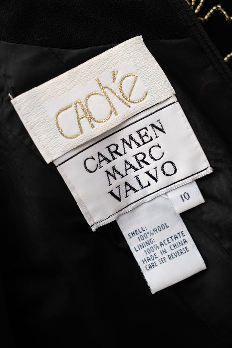 Vintage 1980's Black & Gold Beaded Cocktail Dress with Keyhole Back by Carmen Marc Valvo / Size 10