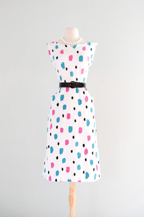 Vintage 1950's Pink & Teal Polka Dot Ivory Cotton Dress / M