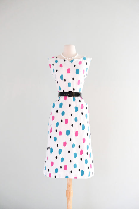 Vintage 1950's Pink & Teal Polka Dot Ivory Cotton Dress / M