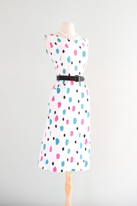 Vintage 1950's Pink & Teal Polka Dot Ivory Cotton Dress / M