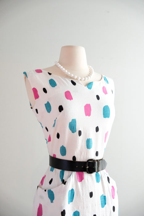 Vintage 1950's Pink & Teal Polka Dot Ivory Cotton Dress / M