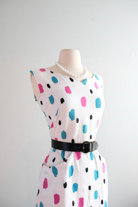 Vintage 1950's Pink & Teal Polka Dot Ivory Cotton Dress / M