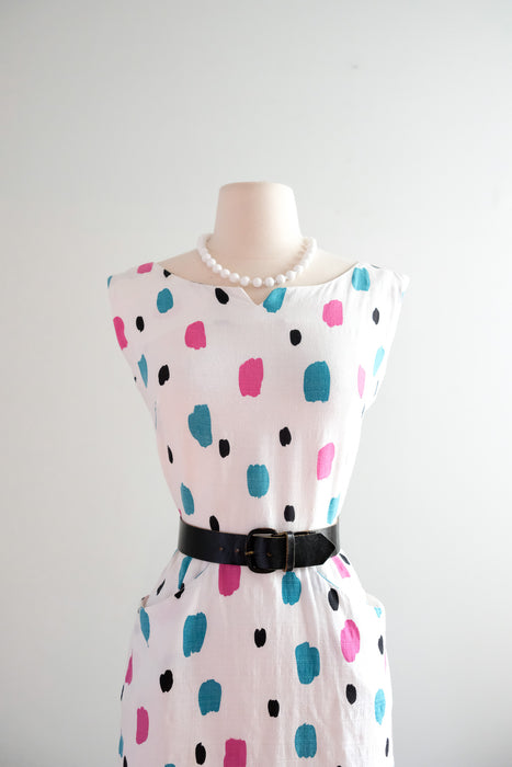 Vintage 1950's Pink & Teal Polka Dot Ivory Cotton Dress / M