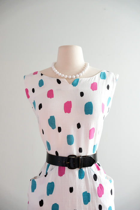 Vintage 1950's Pink & Teal Polka Dot Ivory Cotton Dress / M