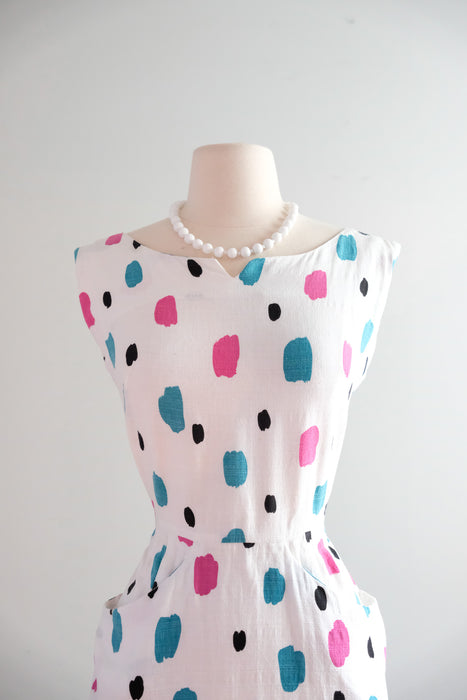 Vintage 1950's Pink & Teal Polka Dot Ivory Cotton Dress / M