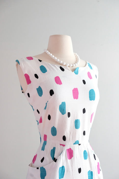 Vintage 1950's Pink & Teal Polka Dot Ivory Cotton Dress / M