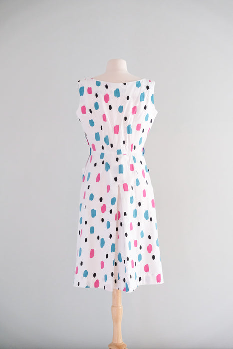 Vintage 1950's Pink & Teal Polka Dot Ivory Cotton Dress / M