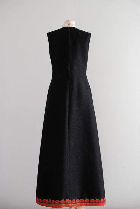 Fabulous 1970's Dramatic Red & Gold Hand-woven Textile Gown / M