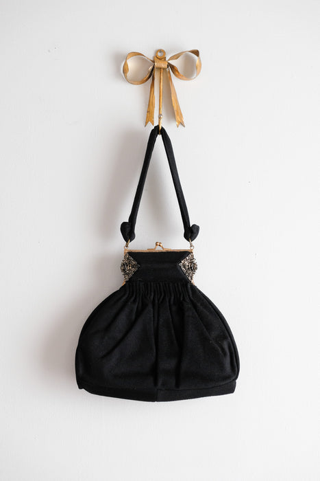 Gorgeous 1930's Art Deco Black Wool Handbag by K&G Charlet