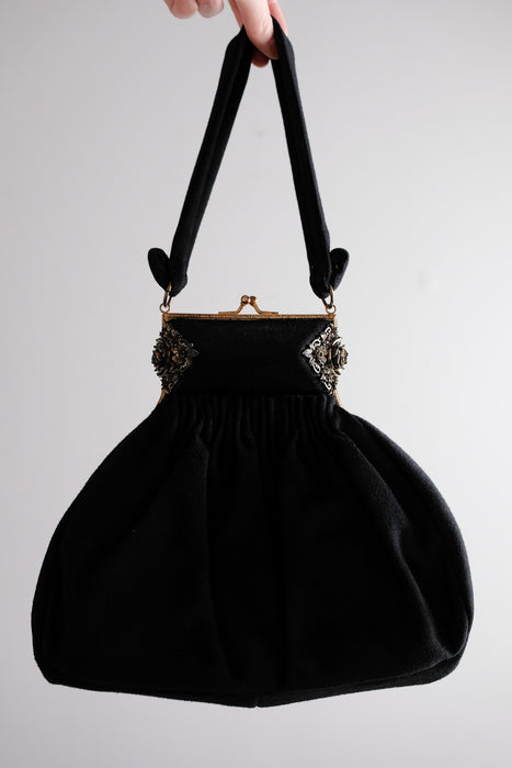 Gorgeous 1930's Art Deco Black Wool Handbag by K&G Charlet