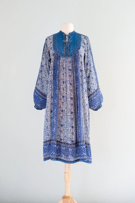 Vintage 1970's Blue & Bronze Tissue Cotton Indian Block Print Dress / Xtabay Vintage Vintage 1970's Blue & Bronze Tissue Cotton Indian Block Print Dress / Xtabay Vintage